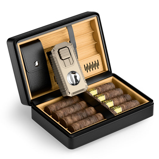 BASNLIFE Cigar Humidor Cases, Leather Travel Cigar Box with 5 In-1 Cigar Lighter (Black)