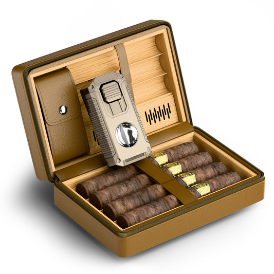BASNLIFE Cigar Humidor Cases, Leather Travel Cigar Box with 5 In-1 Cigar Lighter (Brown)
