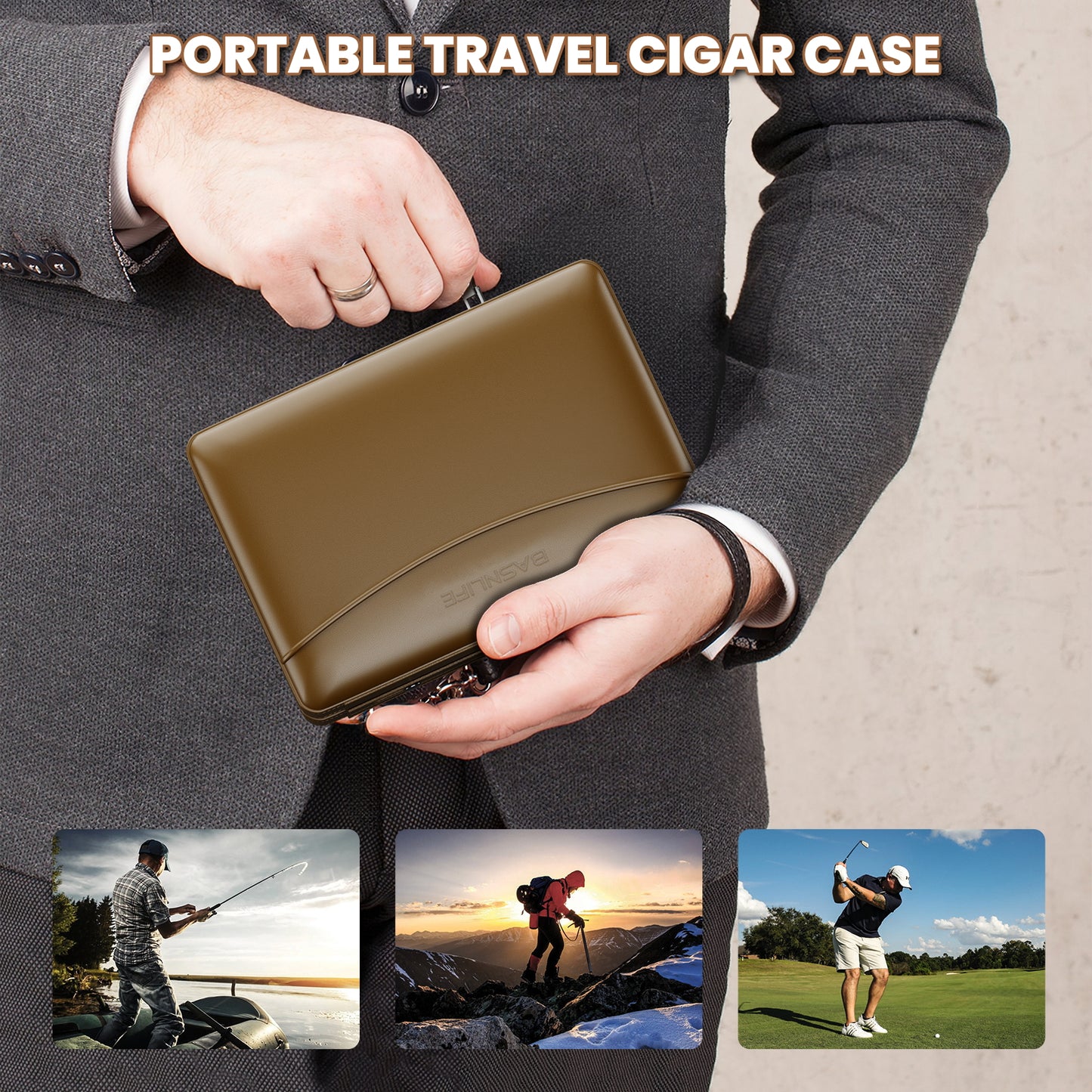 BASNLIFE Cigar Humidor Cases, Leather Travel Cigar Box with 5 In-1 Cigar Lighter (Brown)