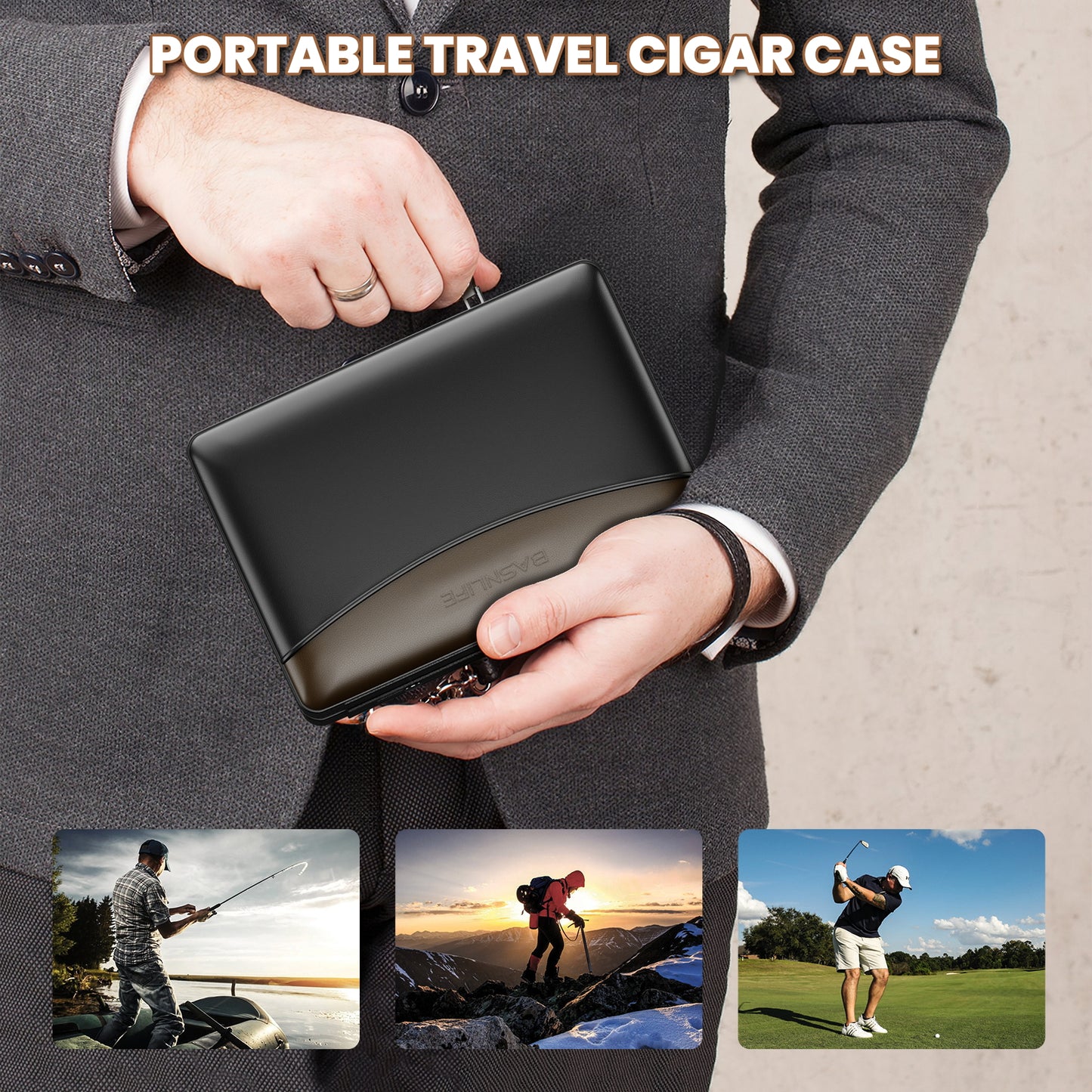 BASNLIFE Cigar Humidor Cases, Leather Travel Cigar Box with 5 In-1 Cigar Lighter (Black)