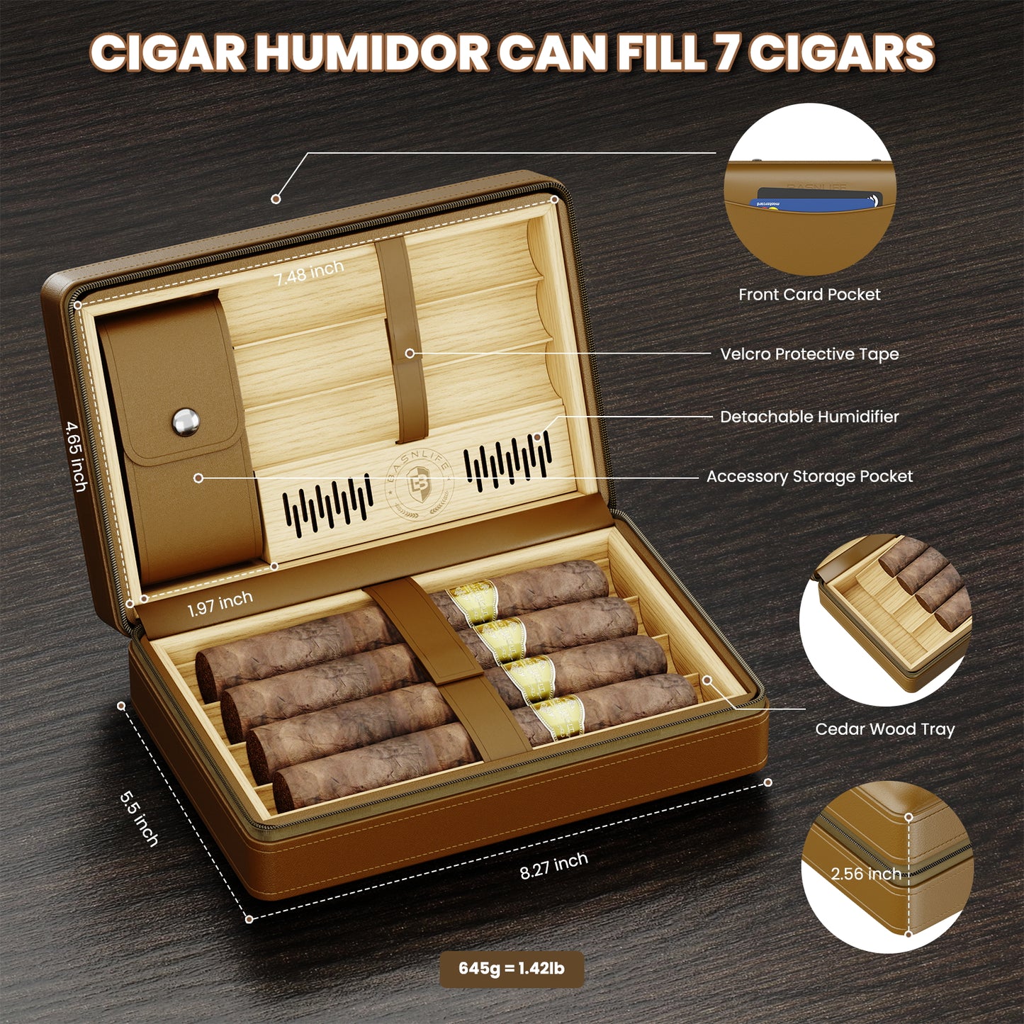 BASNLIFE Cigar Humidor Cases, Leather Travel Cigar Box with 5 In-1 Cigar Lighter (Brown)