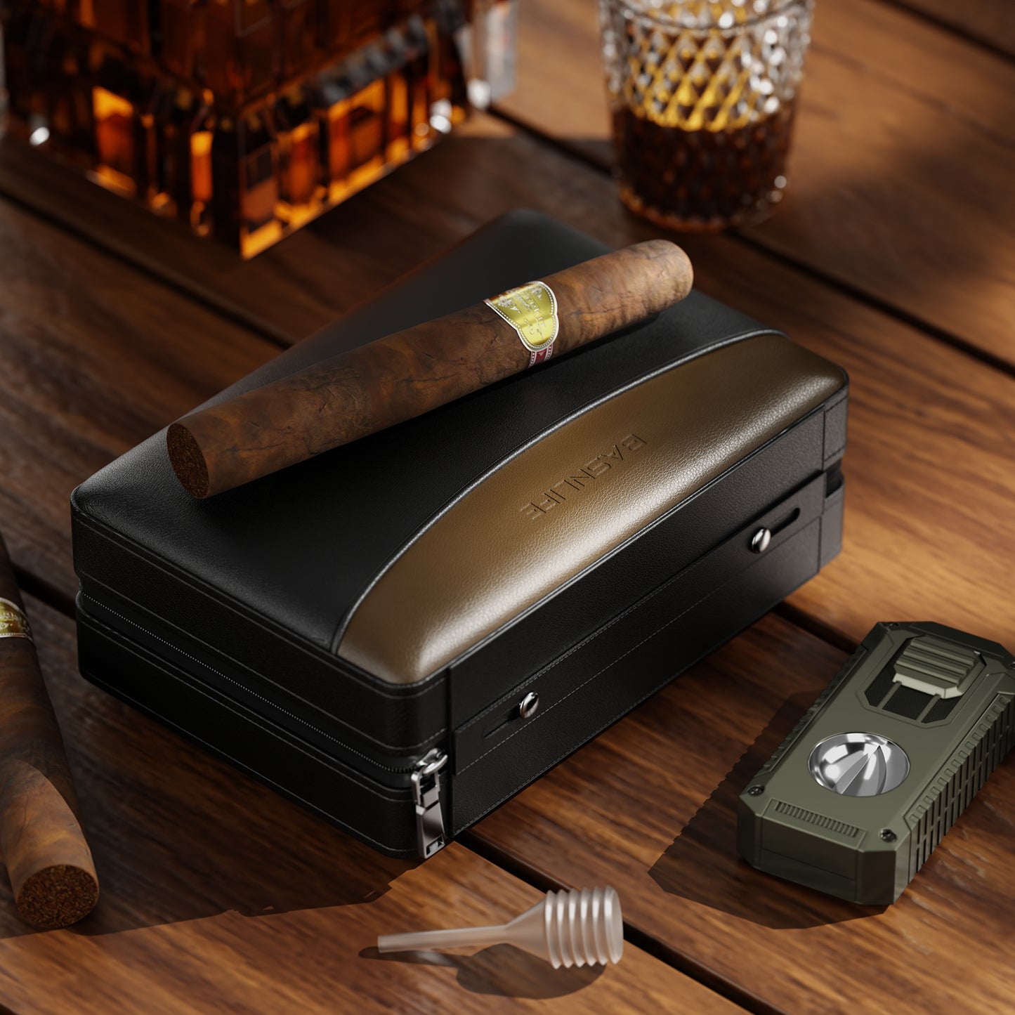 BASNLIFE Cigar Humidor Cases, Leather Travel Cigar Box with 5 In-1 Cigar Lighter (Black)