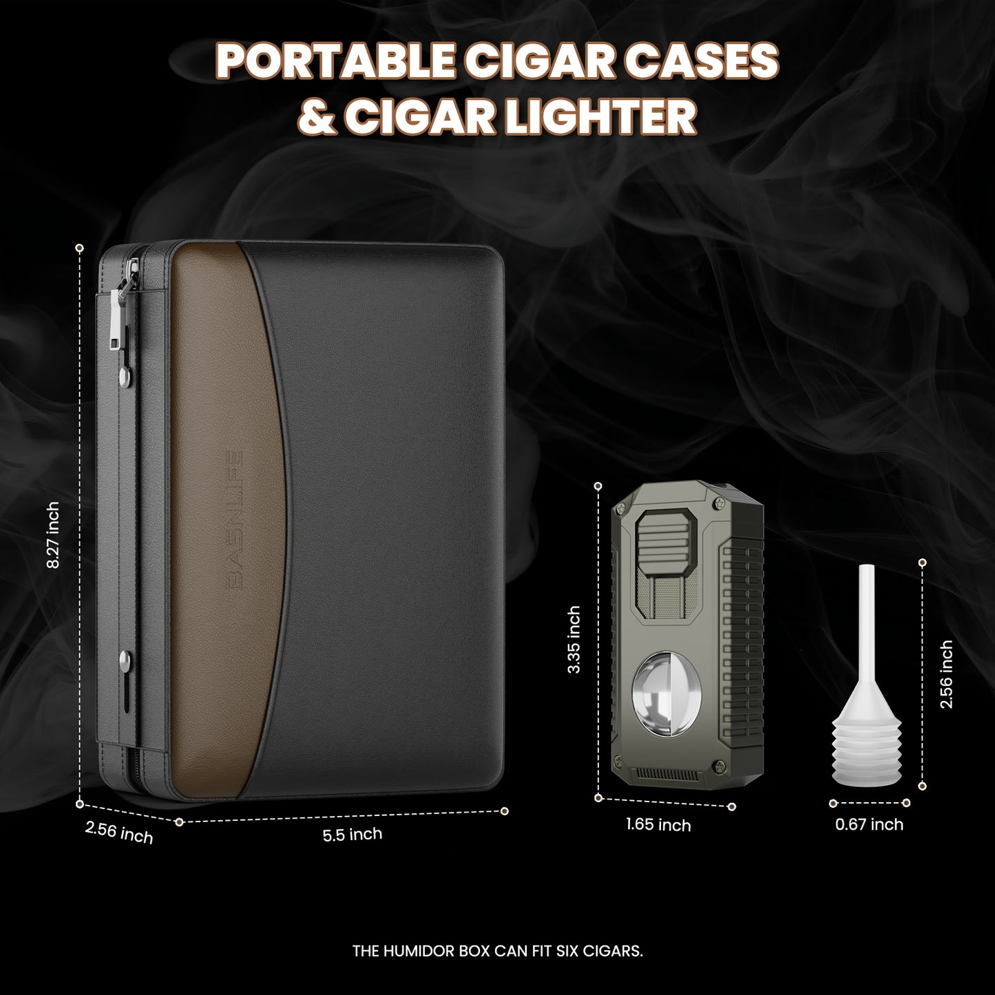 BASNLIFE Cigar Humidor Cases, Leather Travel Cigar Box with 5 In-1 Cigar Lighter (Black)