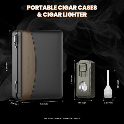 BASNLIFE Cigar Humidor Cases, Leather Travel Cigar Box with 5 In-1 Cigar Lighter (Black)