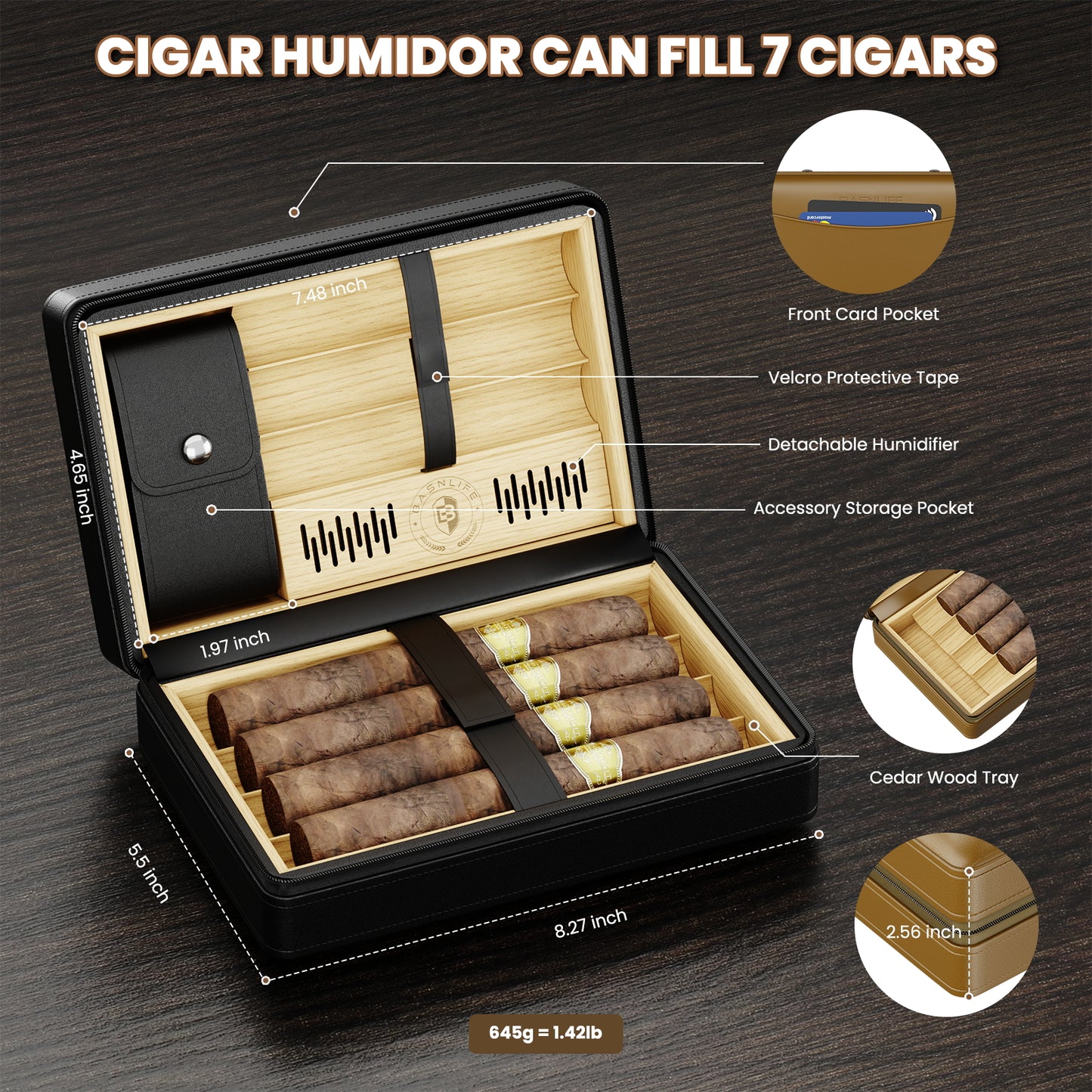 BASNLIFE Cigar Humidor Cases, Leather Travel Cigar Box with 5 In-1 Cigar Lighter (Black)