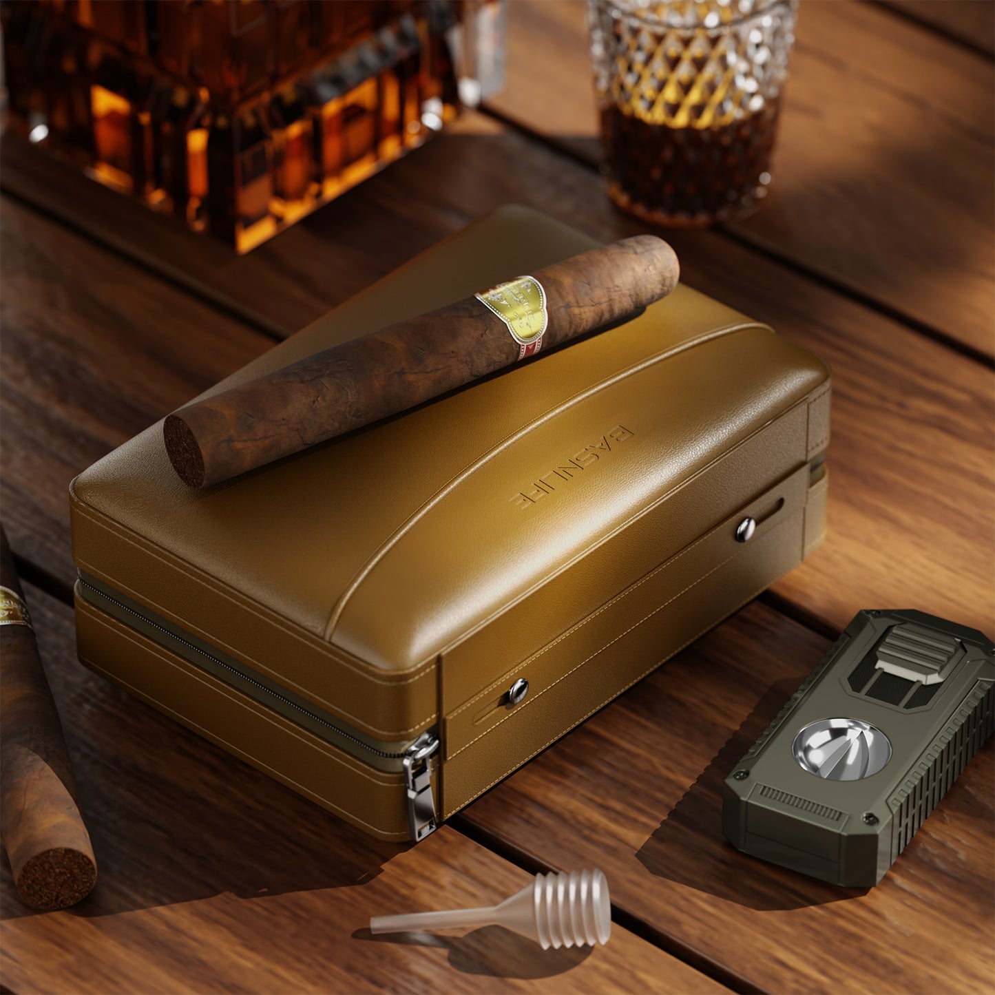 BASNLIFE Cigar Humidor Cases, Leather Travel Cigar Box with 5 In-1 Cigar Lighter (Brown)