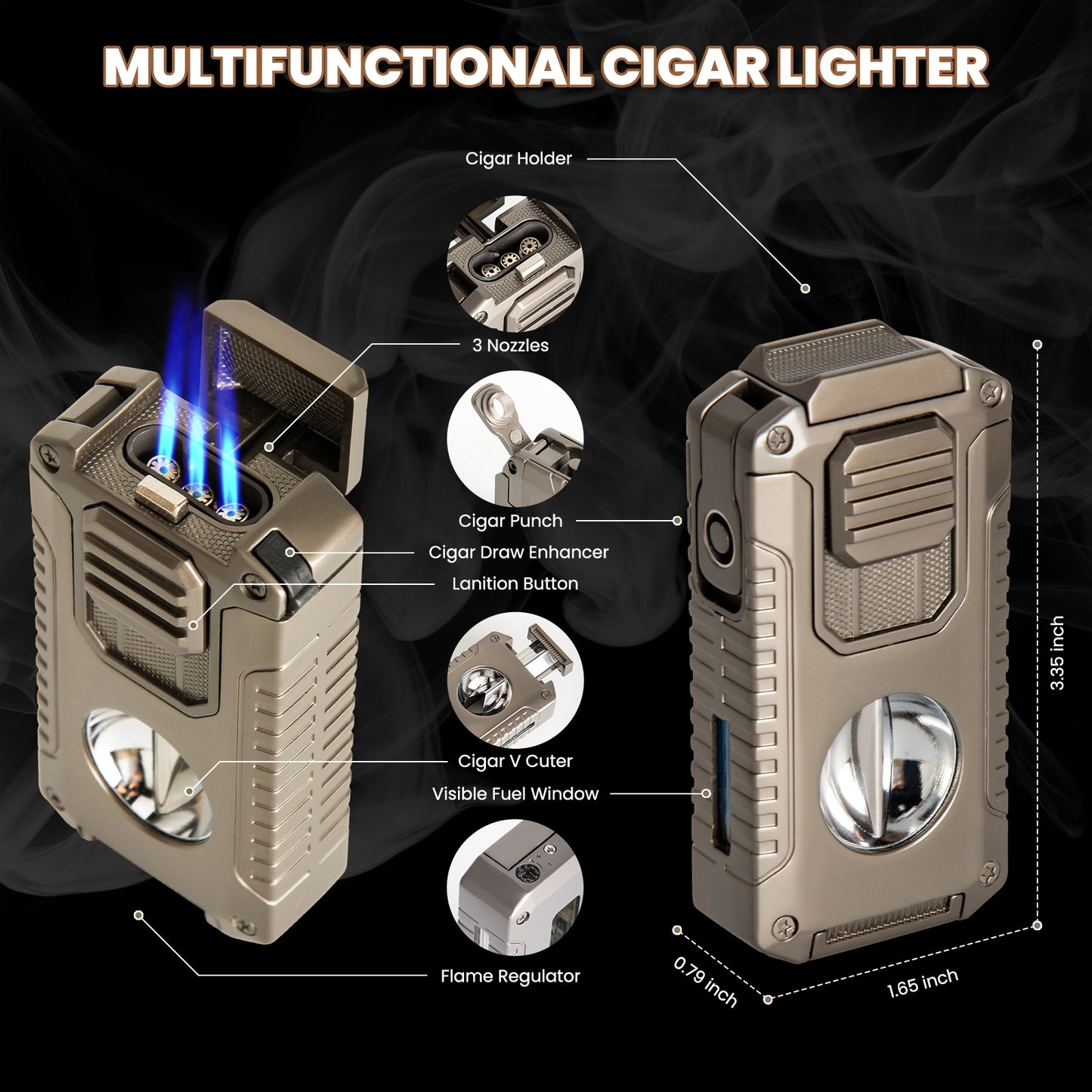 BASNLIFE Cigar Humidor Cases, Leather Travel Cigar Box with 5 In-1 Cigar Lighter (Brown)