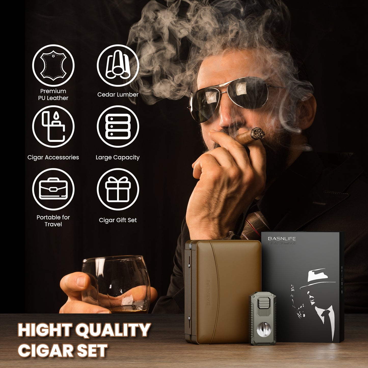 BASNLIFE Cigar Humidor Cases, Leather Travel Cigar Box with 5 In-1 Cigar Lighter (Brown)