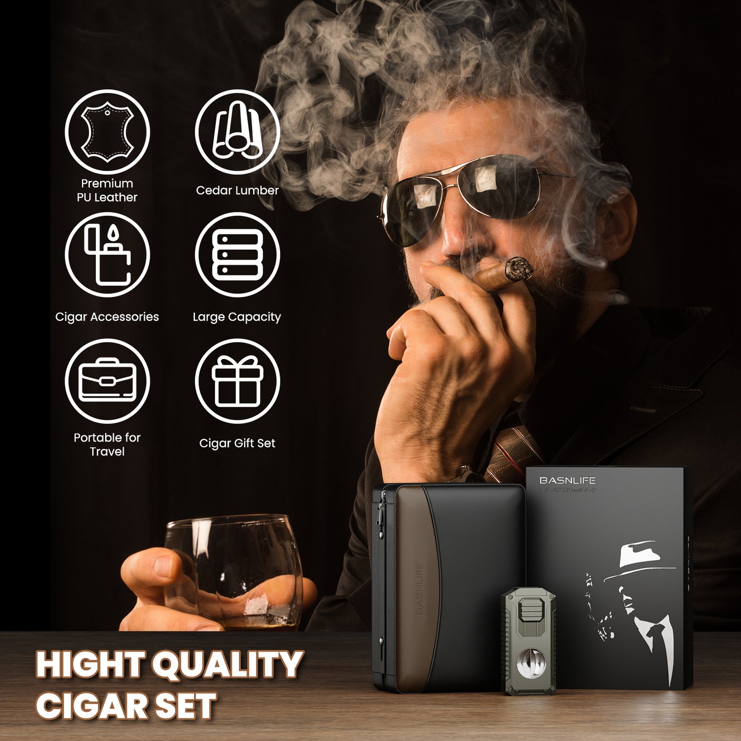 BASNLIFE Cigar Humidor Cases, Leather Travel Cigar Box with 5 In-1 Cigar Lighter (Black)