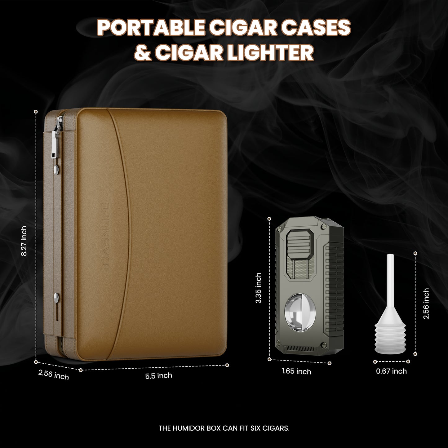 BASNLIFE Cigar Humidor Cases, Leather Travel Cigar Box with 5 In-1 Cigar Lighter (Brown)