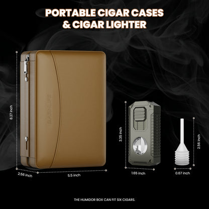 BASNLIFE Cigar Humidor Cases, Leather Travel Cigar Box with 5 In-1 Cigar Lighter (Brown)